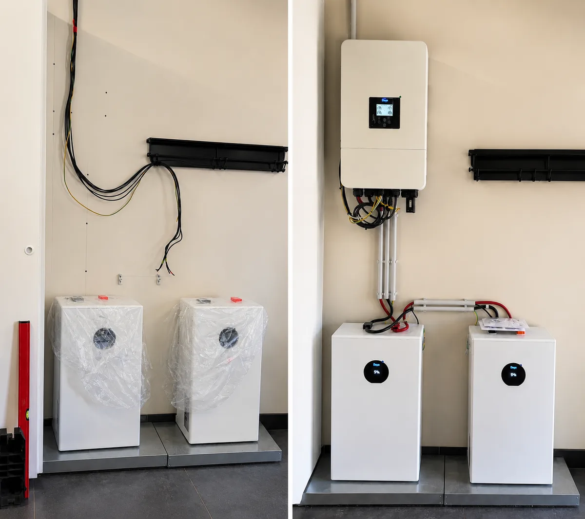 Garage avant et après : batteries livrées puis onduleur hybride Deye et deux batteries de 16 kWh en service
