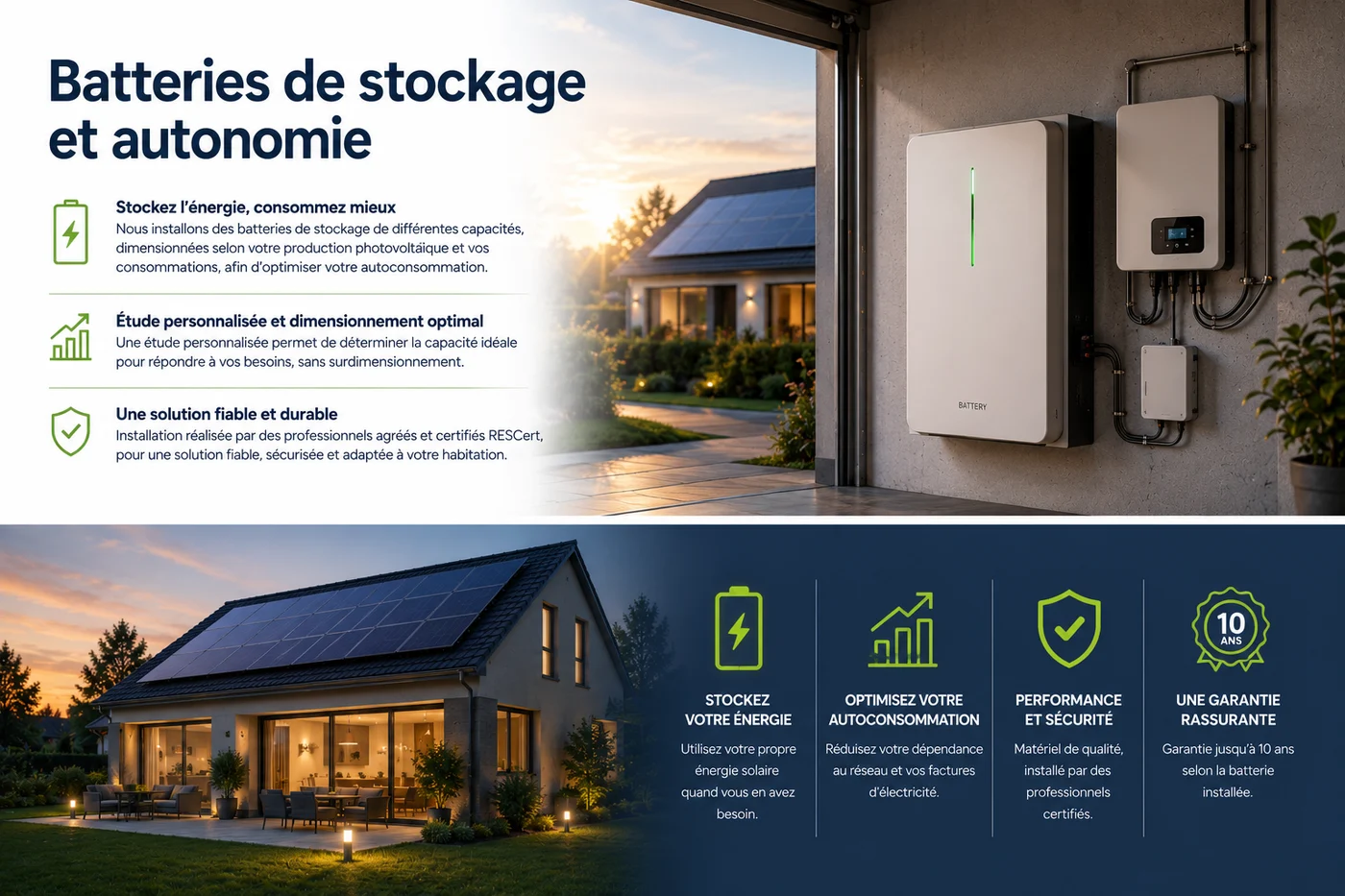 Récapitulatif de la prestation batteries de stockage : stockez votre énergie, optimisez votre autoconsommation, performance et sécurité, garantie du matériel