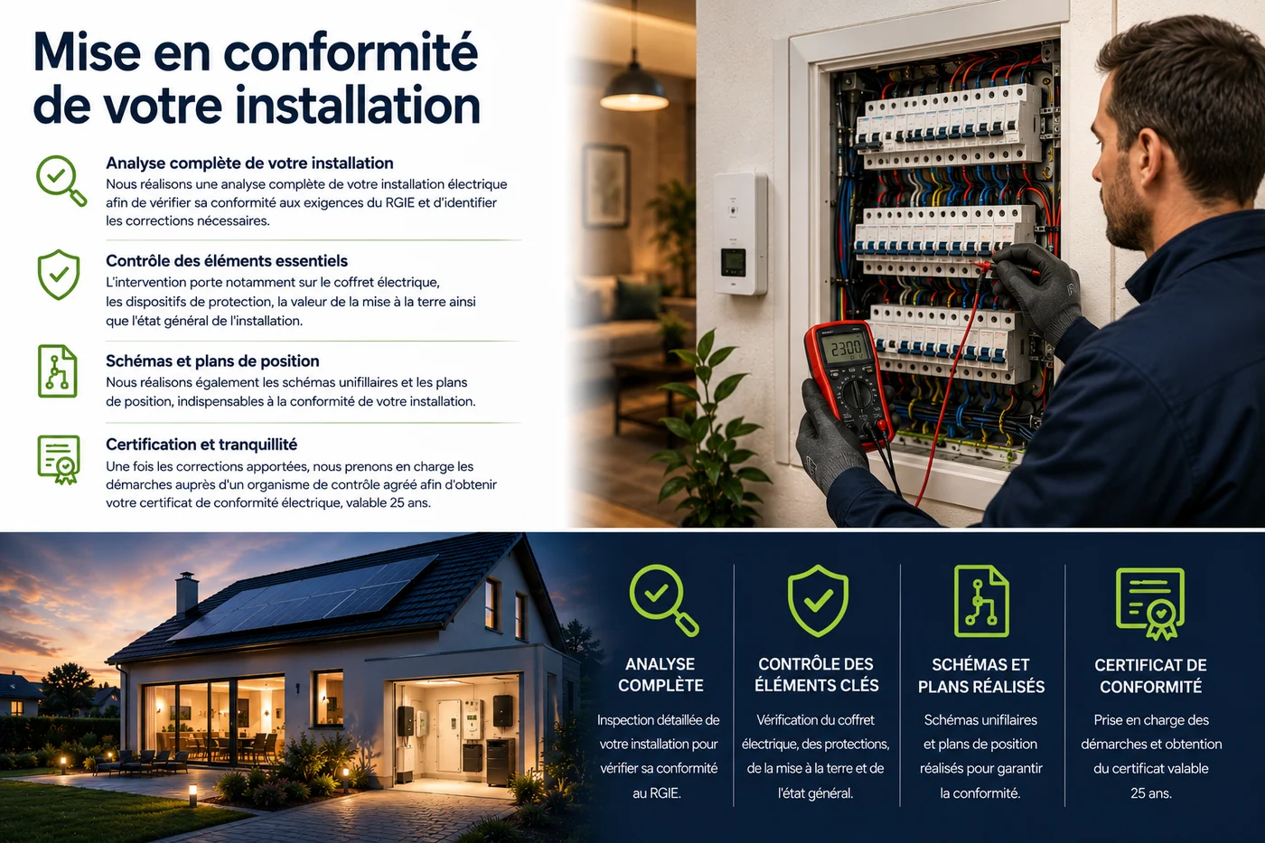 Récapitulatif de la prestation mise en conformité : analyse complète, contrôle des éléments clés, schémas et plans réalisés, certificat de conformité valable 25 ans