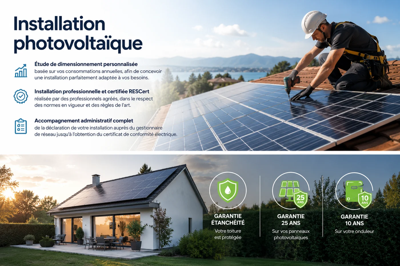 Récapitulatif de la prestation d'installation photovoltaïque : étude de dimensionnement, installation certifiée RESCert, accompagnement administratif, garantie d'étanchéité, panneaux garantis 25 ans et onduleur garanti 10 ans